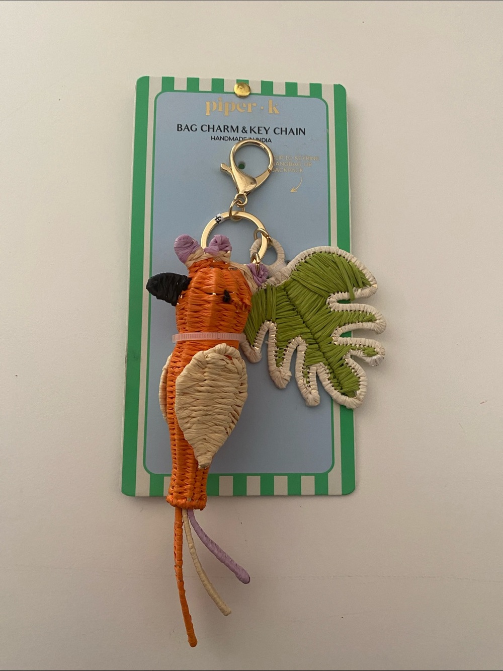 piper•k Woven Parrot Bag Charm with Green Leaf